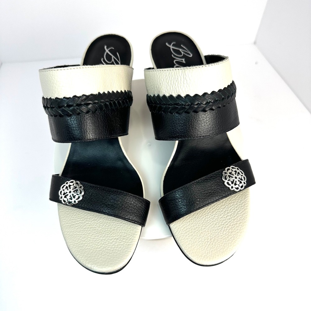 NWOT Brighton‎ Trixy Braided Buffalo Leather Wedge Sandals Womens 7 Black White